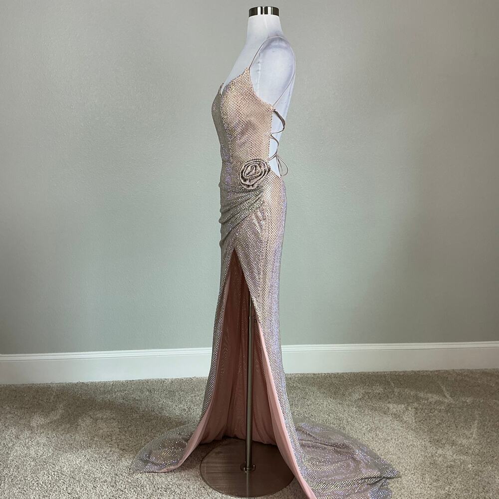 Jovani D5063 Pink Beaded Backless Column Evening Gown Thigh Slit Size 6 Dress - Picture 7 of 11